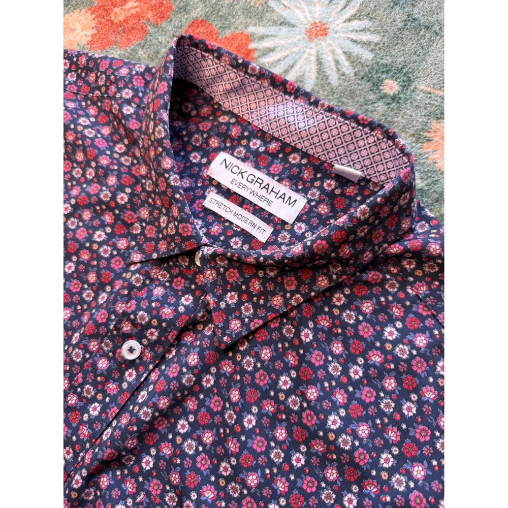 Nick‎ Graham Everywhere Mens 2XL Stretch Modern Fit Floral Short Sleeve Navy